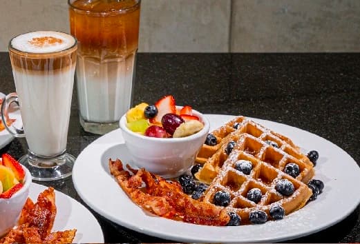Breakfast Blueberry Waffle with Iced Coffee Ontario Bolton