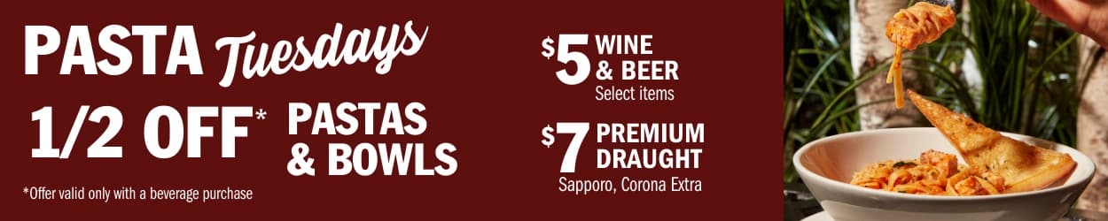 Tuesday Pasta Bowls half price at Symposium Cafe