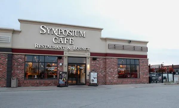 Symposium Cafe Restaurant in Bolton Ontario near Landmark Cinemas featuring family dining, bar lounge and outdoor patio