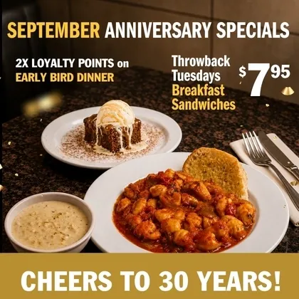 Symposium Cafe Restaurant September Rewards featuring 2X Loyalty Points on Early Bird Dinner and $7.95 Breakfast Sandwiches on Throwback Tuesdays