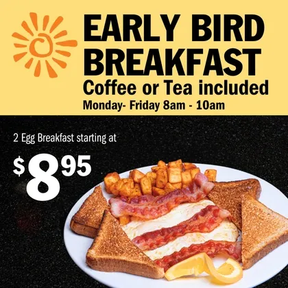 Symposium Cafe Restaurant Early Bird Breakfast special with popular morning menu selections.
