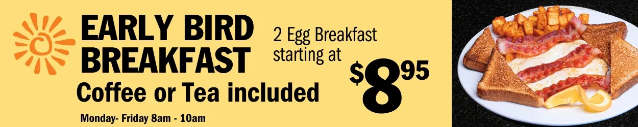 Symposium Cafe Restaurant Early Bird Breakfast special with popular morning menu selections.