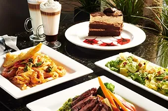Symposium Cafe Restaurant lunch and dinner menu featuring burgers, pasta, seafood, salads and casual dining favourites.